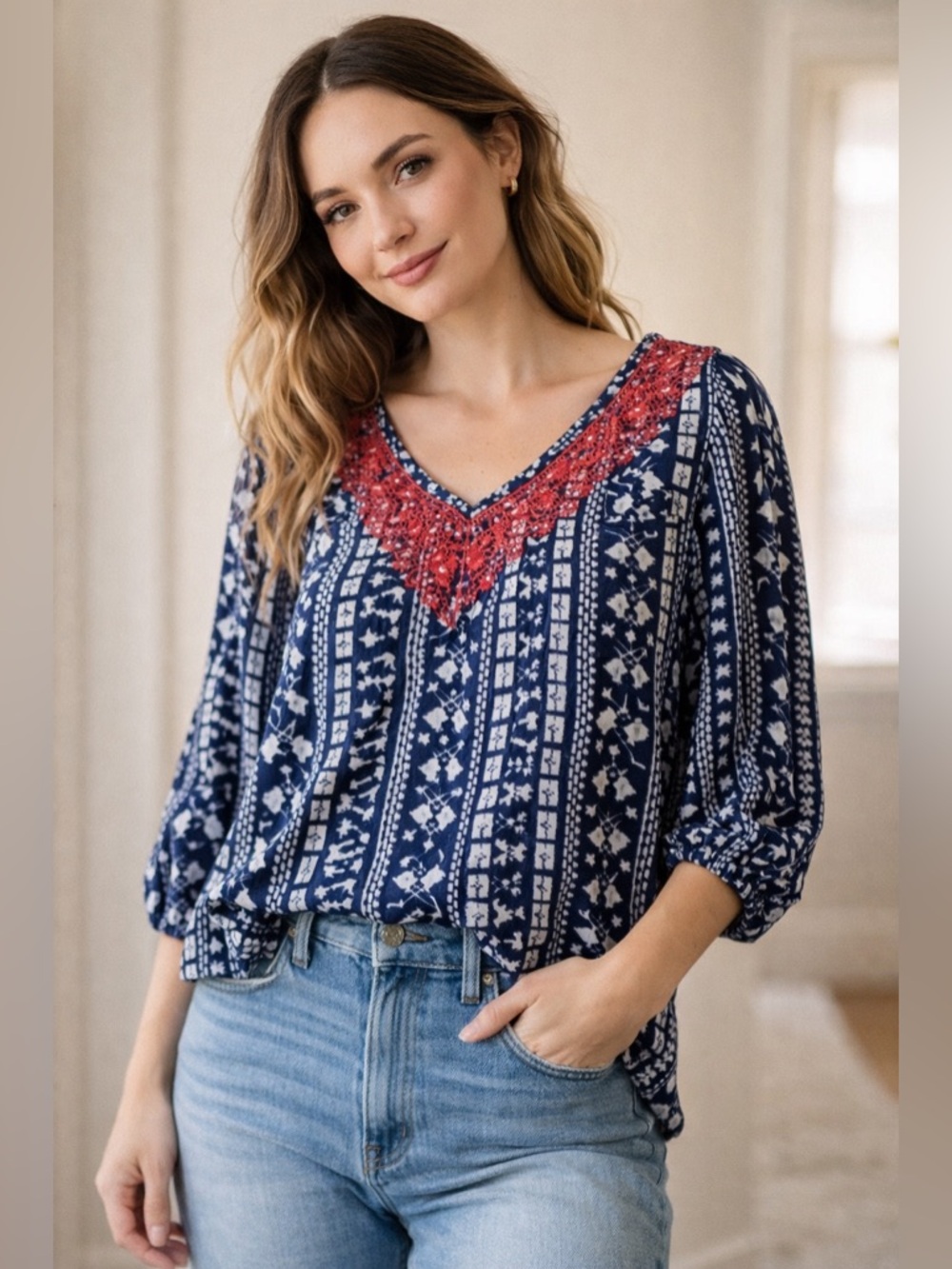 Skies Are Blue Navy Red Embroidered Boho Peasant Blouse L